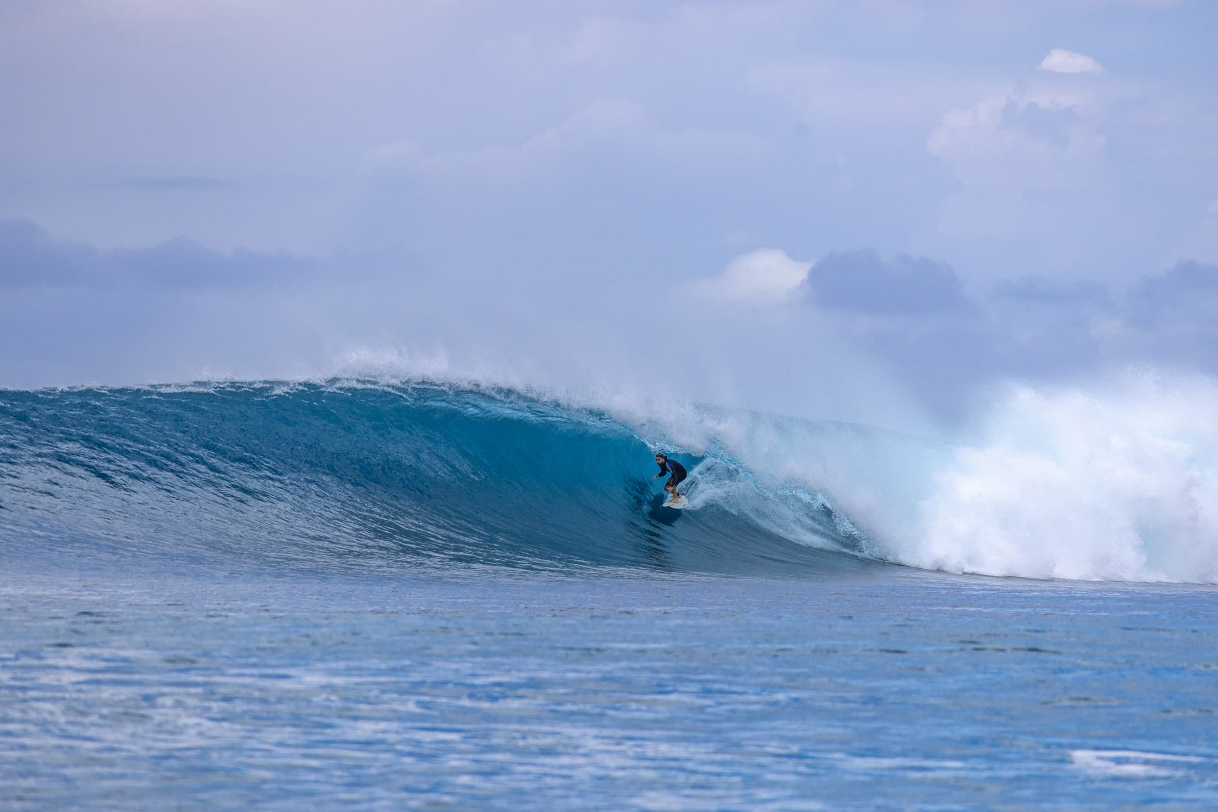 A surfer inside the barrel in the morning light